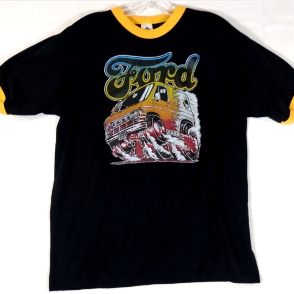 Ford Van Augusta Sportswear Ringer T-shirt Men's L Black Yellow Hot Rod Muscle